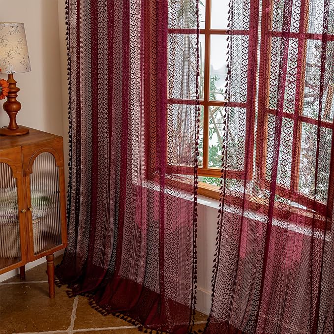 Sutuo Home Burgundy Boho Lace Curtains 96 inches long for Living Room Laundry Room, Semi Sheer Curtains Farmhouse Privacy Crochet Vintage Chic Tassels Rustic Rod Pocket Christmas Decor, 2 Panels 50" W
