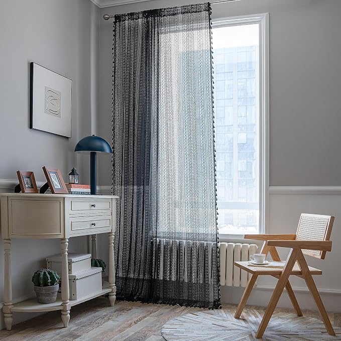 Sutuo Home Black Boho Curtain 84 Inches Length, Sheer Crochet Lace Handmade Tassels Knitted Window Treatment Vintage Rustic Bohemian Farmhouse Drape for Bedroom Rod Pocket 1 Panel 59" W x 84" L