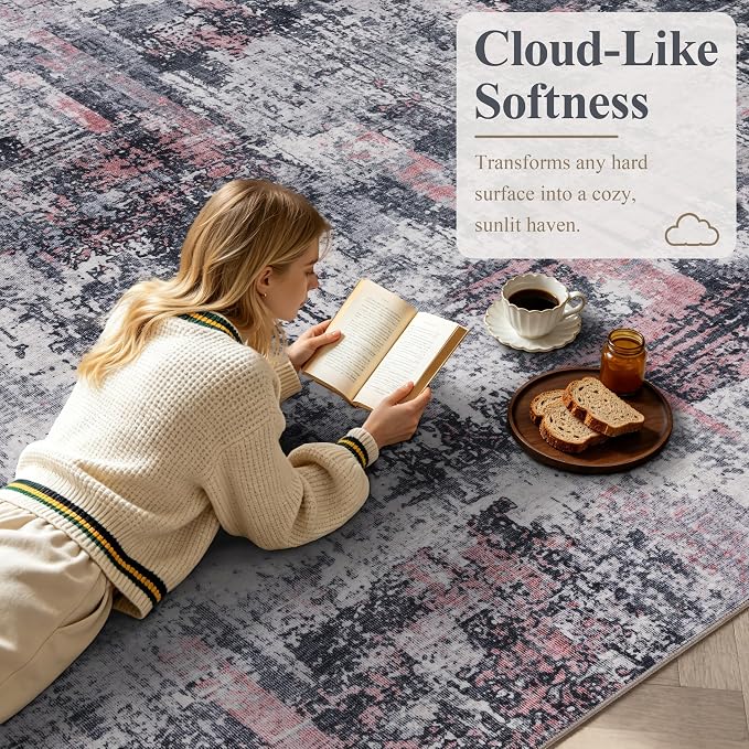 Sasttie 10x14 Soft Area Rug for Living Room, Modern Abstract Washable Large Carpet for Bedroom, with Non-Slip Backing, Black and Pink