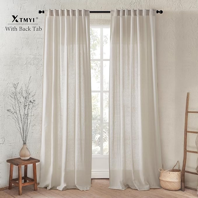 XTMYI 100 Inch Linen Curtains, Lightweight Semi Sheer Light Filtering Drapes, Back Tab Window Drapery for Living Room Bedroom 2 Panel Set, Oatmeal Beige, 50" W x 100" L