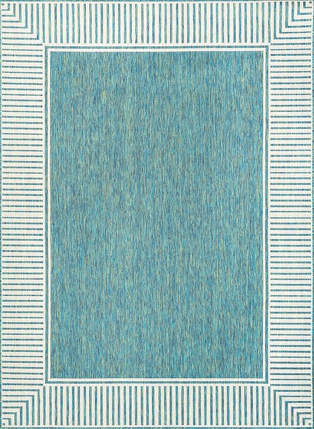 Nuloom Asha Teal/Ivory, 4' x 6', Casual, Striped Border, Soft and Cozy, High Traffic, Easy Clean, Durable Area Rug for Indoor/Outdoor Patio, Deck, Porch, Garden, Courtyard