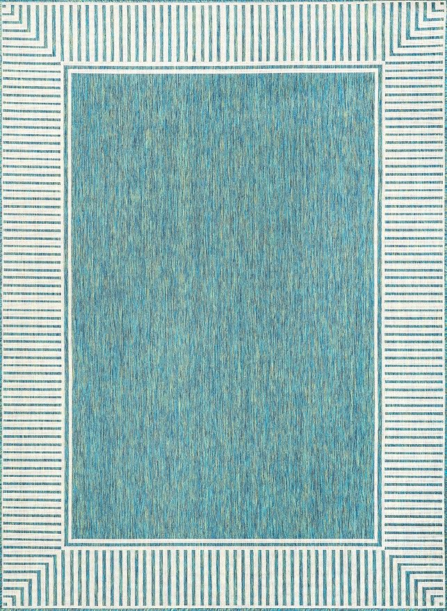 Nuloom Asha Teal/Ivory, 9'6" x 12', Casual, Striped Border, Soft and Cozy, High Traffic, Easy Clean, Durable Area Rug for Indoor/Outdoor Patio, Deck, Porch, Garden, Courtyard