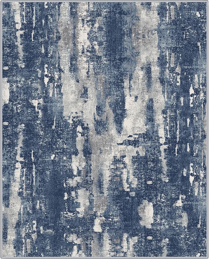 GENIMO 8x10 Area Rugs for Living Room, Machine Washable Non Slip Rugs, Low Pile Lightweight Vintage Print Rug for Bedroom, Dining Room, Home Office, Distressed Blue/Grey