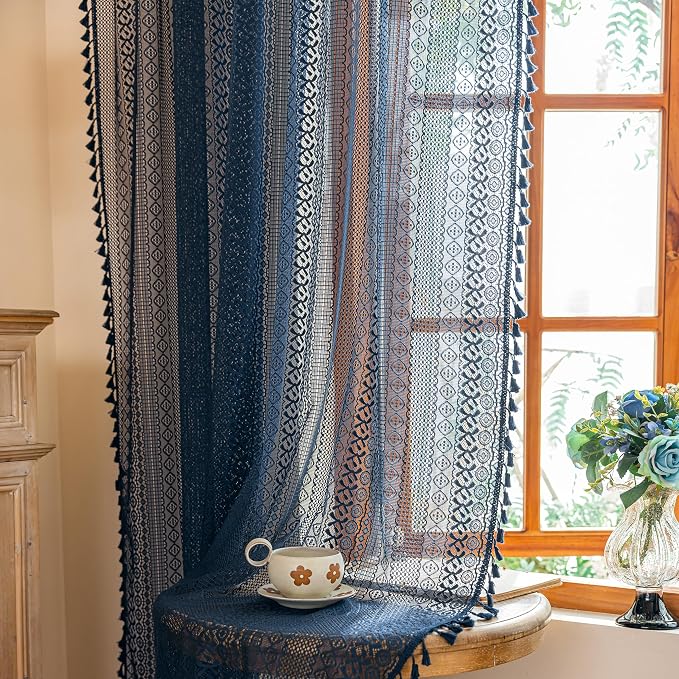 Sutuo Home Navy Blue Boho Curtains 2 Panels 84 Inches Long for Bedroom Living Room, Semi Sheer Macrame Lace Crochet Privacy Farmhouse Vintage Tassels Retro Strips Window Curtains Decor Rod Pocket,50"W