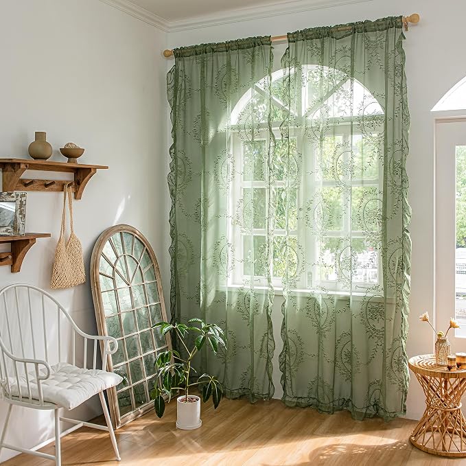 Sutuo Home Olive Green Lace Curtains Set of 2, Sheer Panels 63 Inch Length Rose Floral Embroidery Vintage Ruffled Window Treatment Pair for Bedroom Living Room,Chic Decor Rod Pocket, W57 x L63