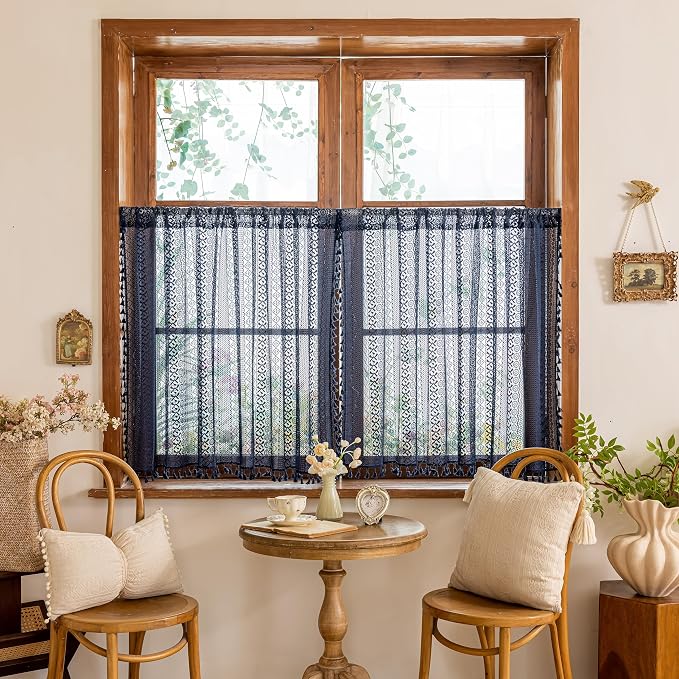Sutuo Home Boho Lace Sheer Short Curtains Valance 2 Panels for Kitchen Window Curtains Over Sink, Closet Crochet Privacy Farmhouse Vintage Chic Handmade Tassels Rod Pocket, 50" W x 36" L Navy Blue