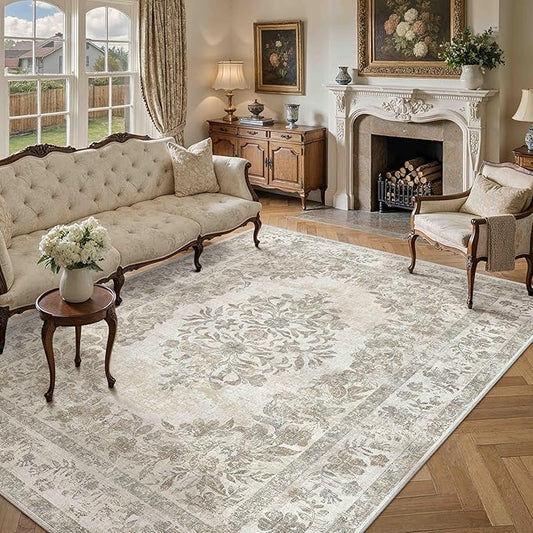 PureCozy 7x9 Area Rug Beige Washable Vintage Distressed Living Room Carpet Large Bedroom Indoor Medallion Floral Non Slip Retro Throw Floor Mat for Office Dining Room Kitchen Bathroom