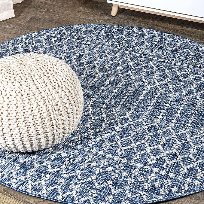 JONATHAN Y Moroccan Geometric Indoor Outdoor Round Area Rug 3 Ft Navy/Light Gray, Ourika Textured Weave for Backyard, Patio, Porch, Easy-Cleaning, High Traffic, Pet-Friendly, Non-Shedding SMB108B-3R