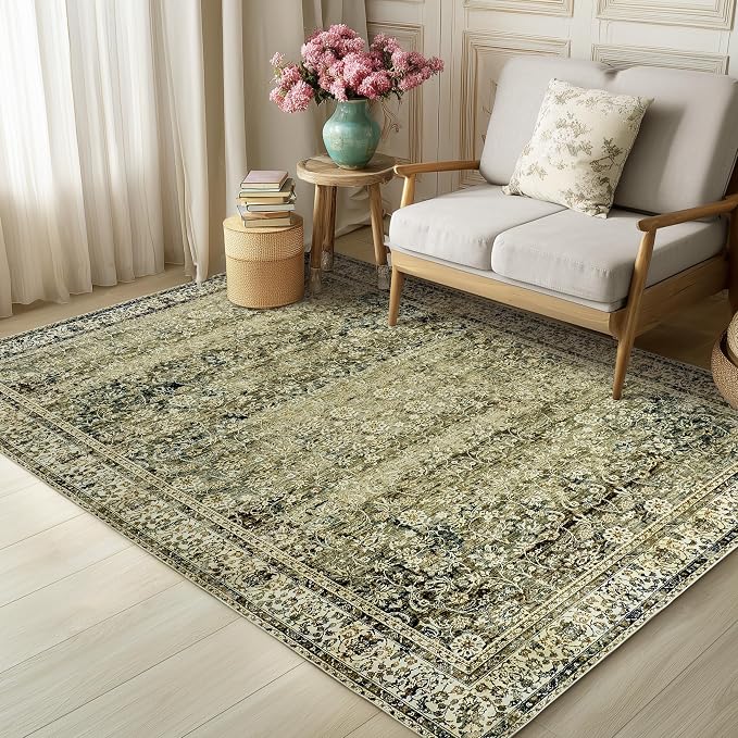 BILEEHOME Olive Green Boho Area Rug 5 x7 for Living Room Washable Non Slip Low Pile Stain Resistant Rubber Backed Cottagecore Neutral Bedroom Nursery Rugs 5x7