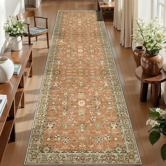 Tangsoo 2x12 Washable Long Runner Rug for Hallway Non Slip, Boho Floral Vintage Terracotta Carpet Runner Rugs for Entryway Kitchen, Floor Low Pile Runners for Laundry Bedroom Alfombra Farmhouse
