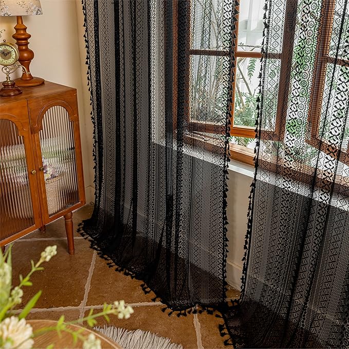 Sutuo Home Black Boho Lace Curtains 96 inches long for Living Room Dining Room, Semi Sheer Curtains Farmhouse Privacy Crochet Vintage Chic Tassels Bohemian Style Rod Pocket Retro Decor, 2 Panels 50" W