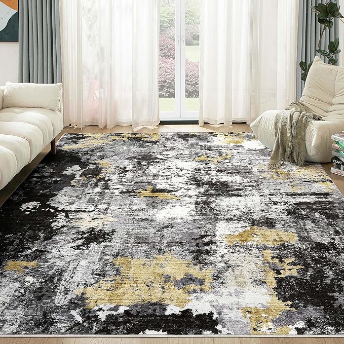 Abstract 11x13 Area Rug: Machine Washable Non Slip Ultra Thin Low-Pile Carpet, Soft Stain Resistant for Living Dining Room Bedroom, Kid Pet Friendly, Robot Vacuum Compatible - Black Gold
