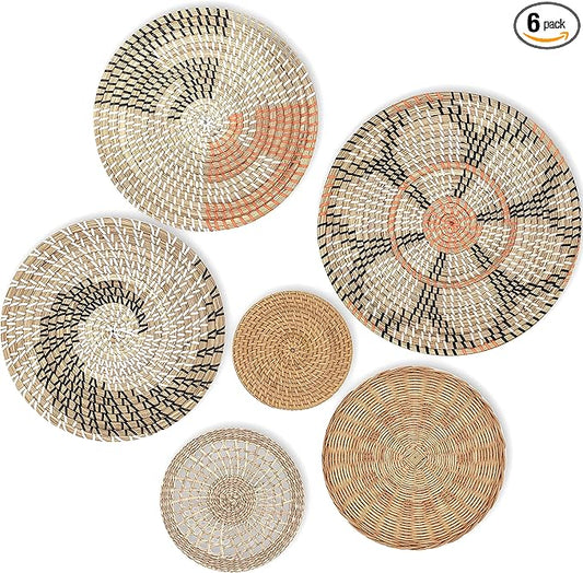 KushimHome Hanging Wall Basket Set - Large Boho Wicker Basket Decor - Bamboo Woven Seagrass Wall Decor - African Flat