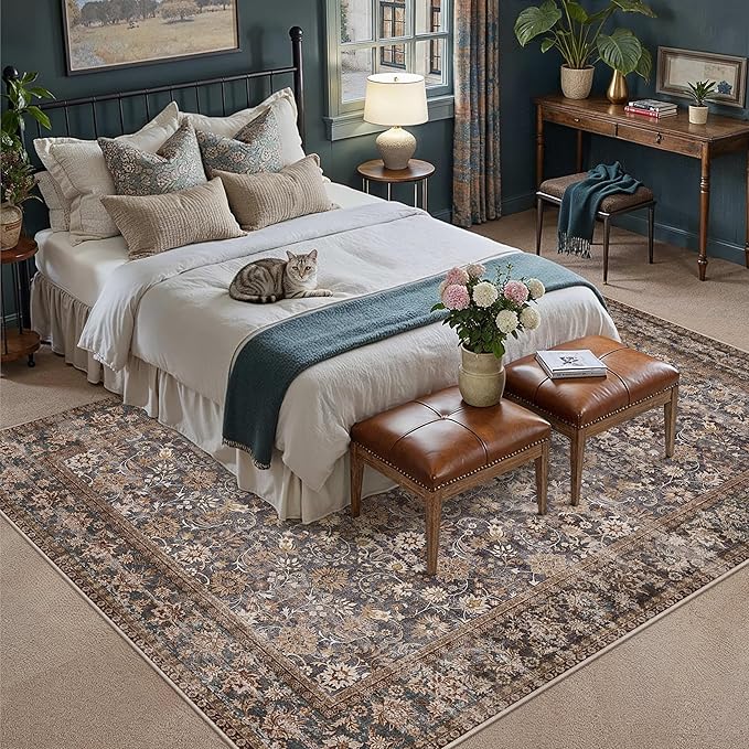 HUGEAR 8x10 Machine Washable Rugs Tradition Brown Hallway Large Area Rug Indoor Accent Rug Floral Low Pile Carpet Soft Throw Aesthetic Rug Bedroom Living Room Office Dining Room Kitchen Laundry Room