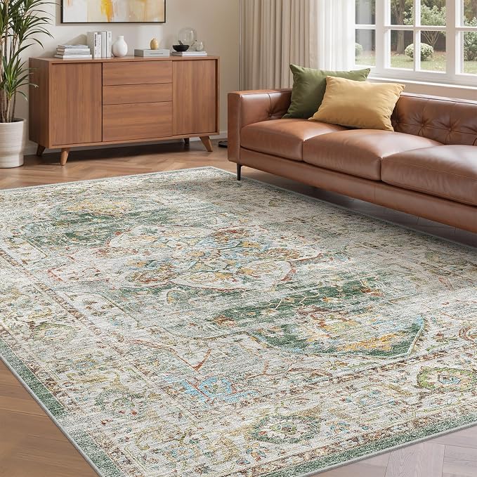 befbee 5x7 Area Rugs for Living Room,Stain Resistant Washable Rug,Non-Slip Backing Rugs for Bedroom,Kitchen,Printed Vintage Home Decor Rug (Green, 5'x7')