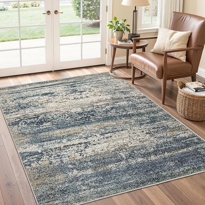 Art&Tuft Washable Rug 3x5, Anti-Slip Backing Abstract 3x5 Rug, Stain Resistant Rugs for Living Room, Foldable Machine Washable Area Rug (3'x5', Navy)