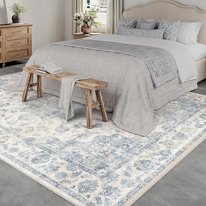 8x10 Washable Neutral Area Rug Blue Vintage Living Room Bedroom Carpet Non-Slip Soft Low Pile Farmhouse Indoor Large Throw Rug for Dining Room Office