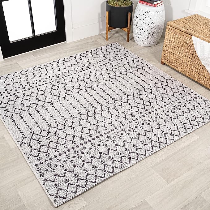 JONATHAN Y Moroccan Geometric Indoor Outdoor Square Area Rug 3X3 Cream/Black, Ourika Textured Weave for Backyard, Patio, Porch, Easy-Cleaning, High Traffic, Pet-Friendly, Non-Shedding (SMB108I-3SQ)