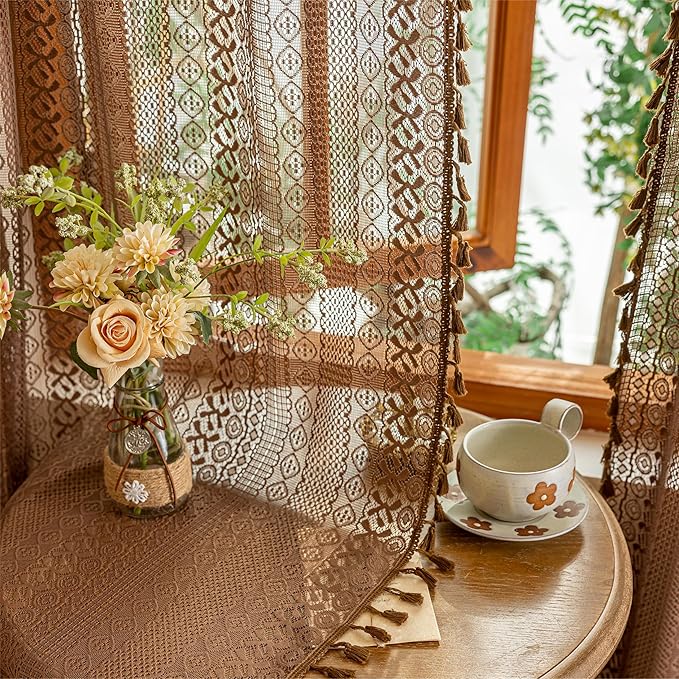 Sutuo Home Dark Coffee Boho Lace Curtains 72 inches Long for Nursery Bedroom, Sheer Curtains Light Filtering Caramel Privacy Vintage Chic Tassels Bohemian Window Treatments Rod Pocket, 2 Panels 50" W