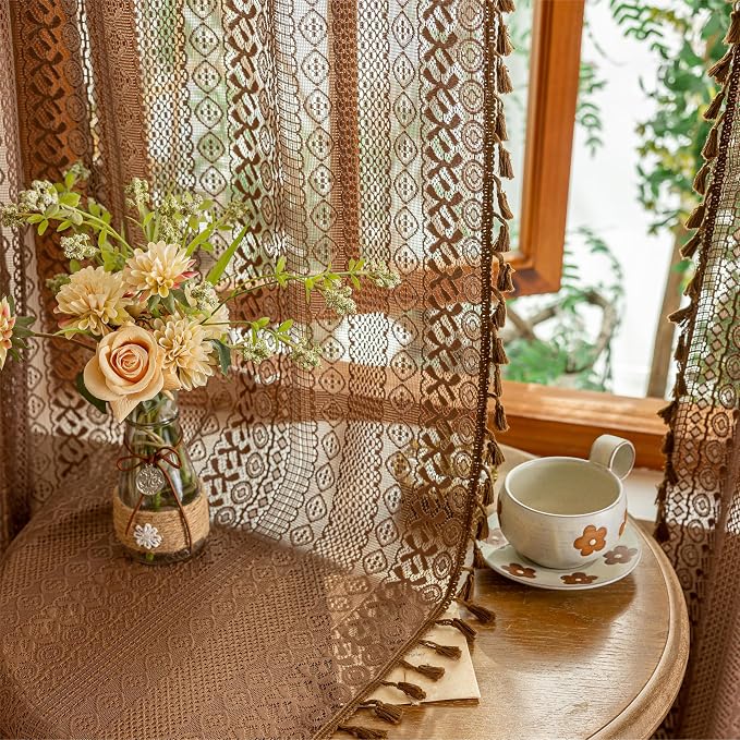 Sutuo Home Boho Lace Curtains 2 Panels Set for Living Room Bedroom,Semi Sheer Window Curtains Drape Privacy Country Vintage Tassels Victorian Style Taupe Rustic Rod Pocket Decor, 50" x 96" Dark Coffee