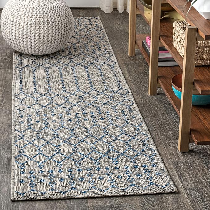 JONATHAN Y Moroccan Geometric Indoor Outdoor Runner Rug 2X14 Light Gray/Navy, Ourika Textured Weave for Backyard, Patio, Porch, Easy-Cleaning, High Traffic, Pet-Friendly, Non-Shedding (SMB108A-214)