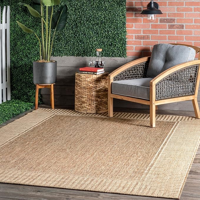 Nuloom Asha Light Brown/Ivory, 6'7" x 9', Casual, Striped Border, Soft and Cozy, High Traffic, Easy Clean, Durable Area Rug for Indoor/Outdoor Patio, Deck, Porch, Garden, Courtyard