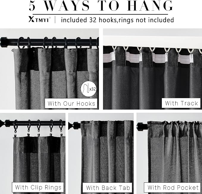 XTMYI Black Linen Curtains 84 Inches Long for Bedroom, Back Tab Pleated Semi Sheer Privacy Light Filtering Boho Window Drapes for Living Room, 84 Length 2 Panels Set