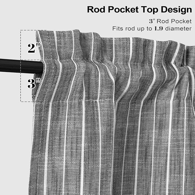 DriftAway Stripe Blackout Linen Curtain Valance Double Layer Farmhouse Country Rustic Hygge Stripe Yarn Dyed Woven Thermal Insulated Rod Pocket Valance W52 x L18 Black