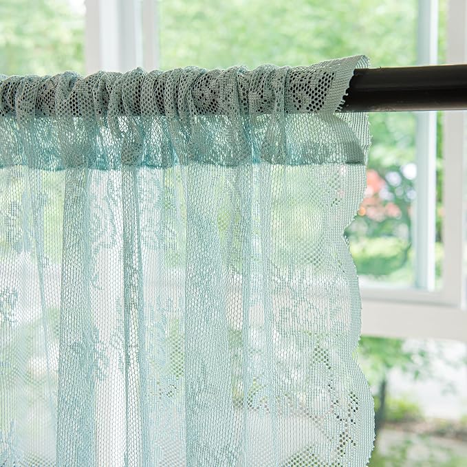 Sutuo Home Teal Blue Lace Curtains 84 Inches Long 2 Set, Sheer Panels Rose Floral Embroidery Vintage Window Treatment Pair for Bedroom Living Room, Retro Christmas Decor Rod Pocket, W57 x L84