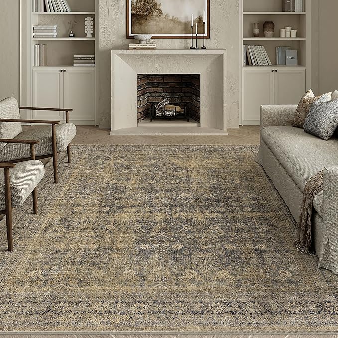 PureCozy 6x9 Brown Black Area Rug for Living Room Washable Vintage Distressed Carpet Large Bedroom Low Pile Non Slip Indoor Soft Retro Throw Accent Rug Office Kitchen Bathroom Dining Room