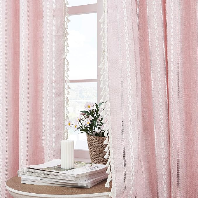 Linen Boho Pink Embroidered Curtains for Girls Bedroom & Nursery - 84" Long, 2 Panels, Light Filtering Farmhouse Drapes (52" W x 84" L)