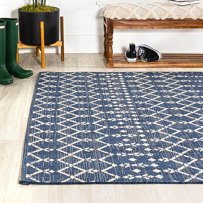 JONATHAN Y Moroccan Geometric Indoor Outdoor Area Rug 10X14 Navy/Beige, Ourika Textured Weave for Backyard, Patio, Porch, Easy-Cleaning, High Traffic, Pet-Friendly, Non-Shedding (SMB108K-14)