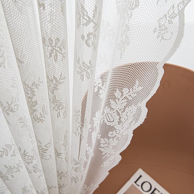 Sutuo Home White Lace Curtains 63 Inches Length 2 Panels Set, Sheer Rose Florals Vintage Country Window Panel Treatment for Bedroom/Living Room/Kitchen, Decor Rod Pocket W57 x L63