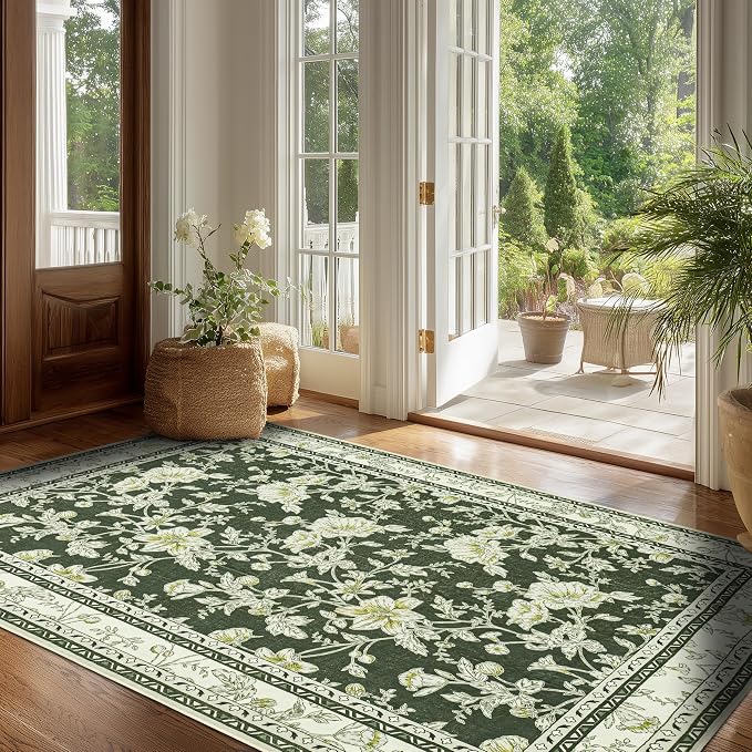Olive Green Floral Print Area Rugs for Bedroom Living Room Boho Farmhouse Country Rustic Dining Room Carpet Soft Washable Rugs Non Slip Floor Covering for Nursery Playroom 4x6