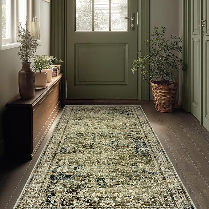 Boho Washable Runner Rug for Kitchen,Non Slip Rubber Backing Non Skid Oriental Floral Vintage Long Carpet Runners for Hallway Entryway Indoor Doormat Bedroom,2x6 6ft,Moss Olive Green Beige