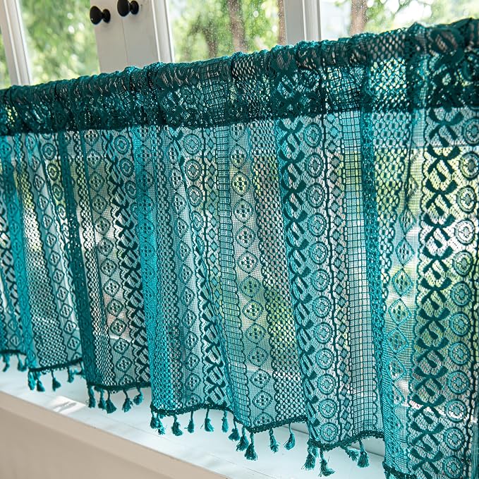 Sutuo Home Boho Valance Tier Curtains Crochet Lace Sheer Bohemian Hollow Knitted with Tassels, Privacy Vintage Rustic Farmhouse Drapes for Kitchen, Rod Pocket 1 Panel 59" W x 36" L, Turquoise
