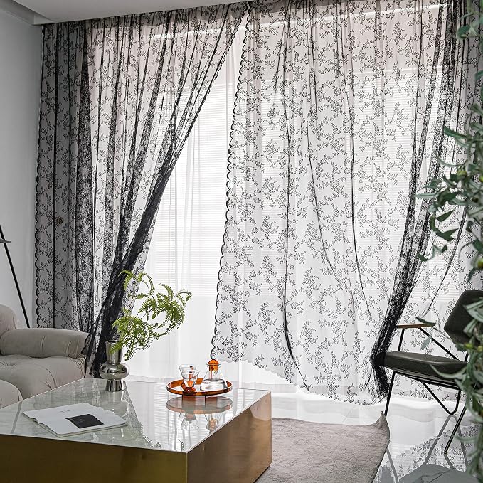 Sutuo Home Black Lace Curtains 96 Inches Long 2 Panels Set, Sheer Panels Gothic Retro Florals Vintage Voile Window Treatment for Bedroom/Living Room/Halloween Decor Rod Pocket W57 x L96