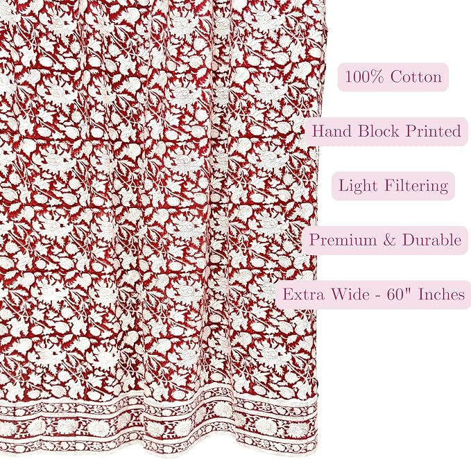 ATOSII 100% Cotton Single Panel Floral Block Print Curtain, Easy Hanging with Rod Pocket & Loop, Living Room, Dining Room, Bedroom Light Filtering Boho Curtains, Set of 1, 60" W X 96" L, Meraki Red