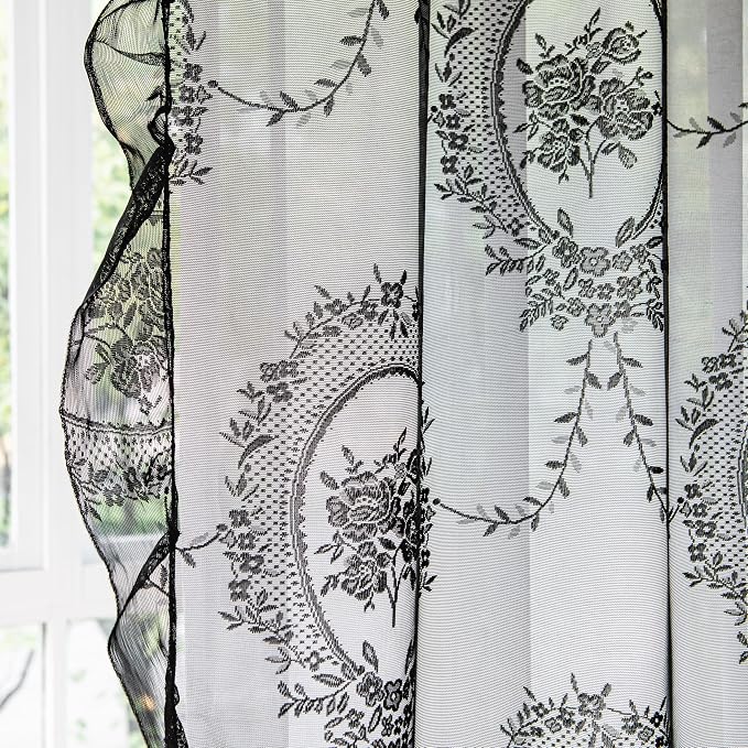 Sutuo Home Black Lace Curtains Set of 2, Sheer Panels 63 Inch Length Rose Floral Embroidery Vintage Ruffled Window Treatment Pair for Bedroom Living Room, Shabby Chic Decor Rod Pocket, W57 x L63