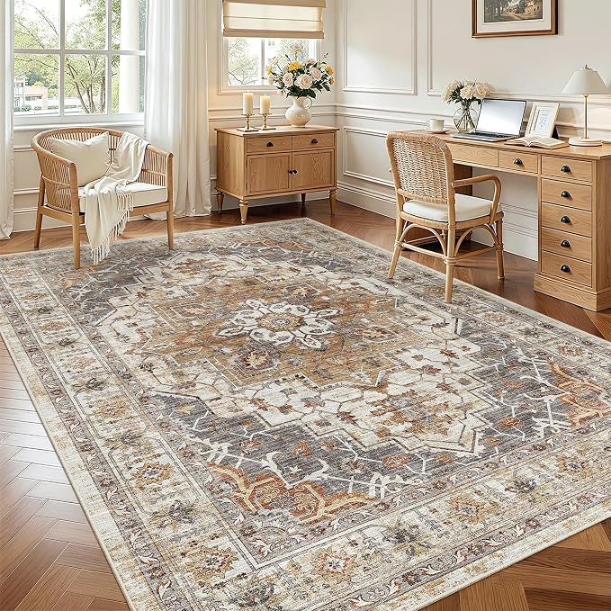 Madane 6x9 Area Rugs for Living Room, Vintage Washable Rug, Turmeric/Grey | Stain Resistant Floor Carpet With Non-Slip Backing For Bedroom, Dining Bedroom And Office, Soft Low-Pile Home Decor Mat