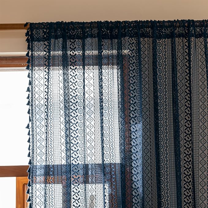 Sutuo Home Sheer Boho Curtains for Dining Room Bedroom, Window Lace Curtains Bohemian Crochet Shabby Chic Tassels French Country Long Strips Vintage Decor, Rod Pocket 1 Panel 59" W x 96" L, Navy Blue