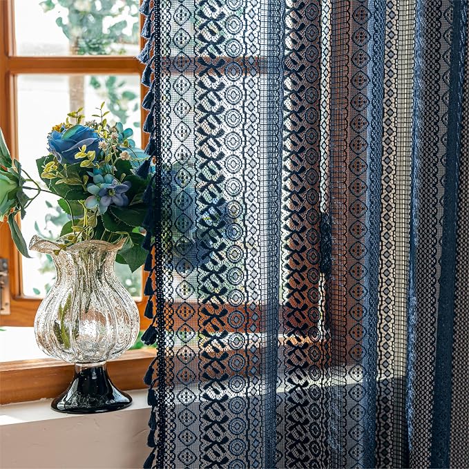 Sutuo Home Navy Blue Boho Lace Curtains for Bathroom Kitchen, Macrame Crochet Semi Sheer Bohemian Farmhouse Tassels Vintage Chic Window Treatment Drapes Cottage Decor, Rod Pocket 1 Panel 59" W x 72" L
