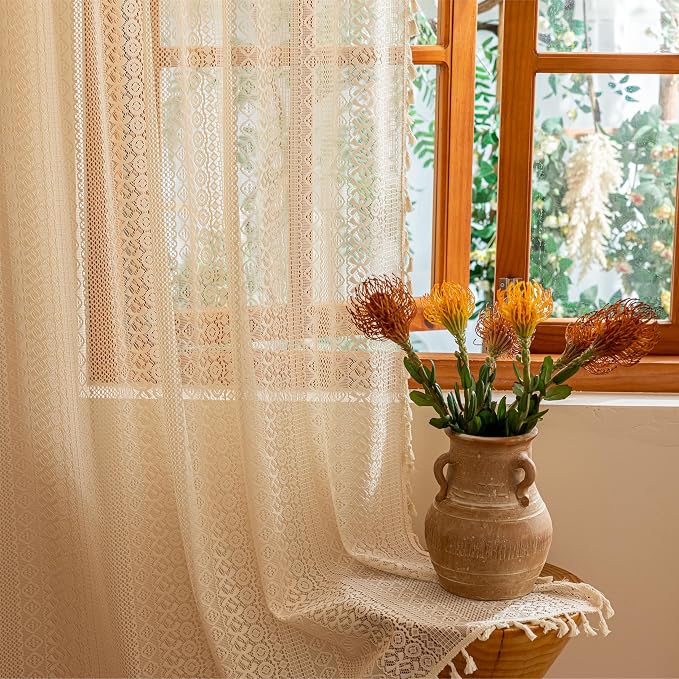 Sutuo Home Boho Curtains 2 Panels for Kitchen Kid's Room, Lace Curtains Semi Sheer Crochet Vintage Country Tassels Bohemian Drape Privacy Window Treatments Rustic Geometry Rod Pocket, 50" x 63" Beige