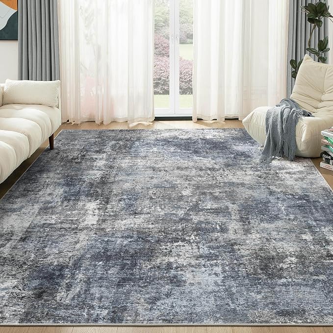 Abstract 8x10 Area Rug: Machine Washable Non Slip Ultra Thin Low-Pile Carpet, Soft Stain Resistant for Living Dining Room Bedroom, Kid Pet Friendly, Robot Vacuum Compatible - Dark Grey/Blue