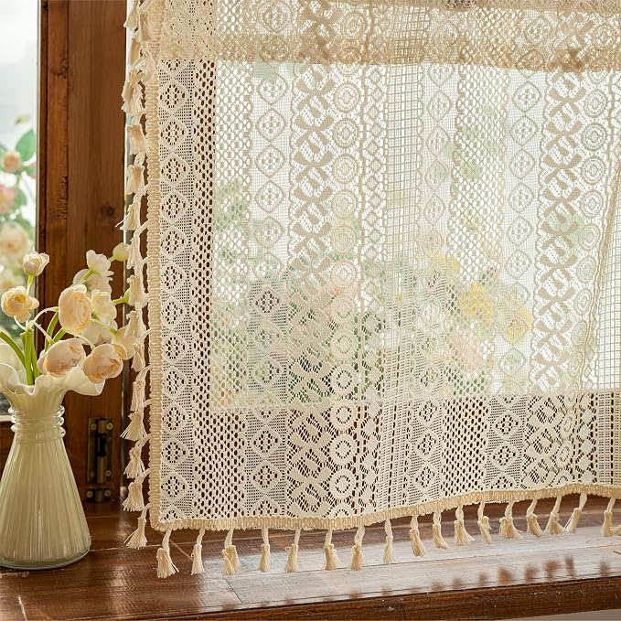 Sutuo Home Beige Boho Lace Short Kitchen Curtains 36 inches Long for Cafe Laundry Room, Semi Sheer Window Curtains Farmhouse Crochet Vintage Tassels Rustic Valance Rod Pocket Decor, 2 Panels 50" W