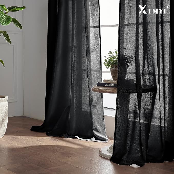 XTMYI Black 90 Inch Length 50 Inch Wide Back Tab/Hook Belt Linen Cotton Sheer Curtains for Bedroom 2 Panels