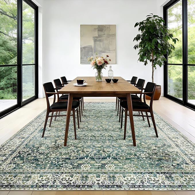 9x12 Area Rugs Dark Green Washable Rug for Living Room Big Bedroom Under Bed,Low Pile Soft Non Slip Floral Boho Vintage Extra Large Carpet for Dining Room Under Table,9 by 12,Blue and Green