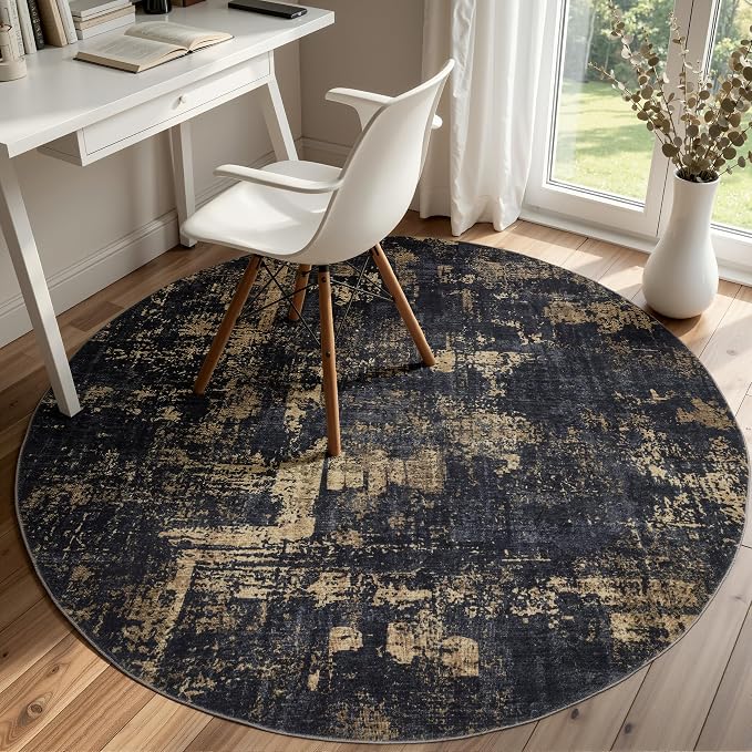 Sasttie 4ft Soft Round Area Rug, Modern Abstract Washable Circle Carpet for Living Room, Bedroom, Dining Room Table, with Non-Slip Backing, Black and Gold