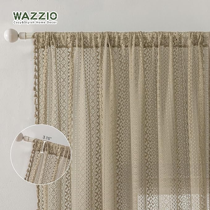 WAZZIO Boho Lace Curtains 84 Inches 2 Panel,Light Filtering Privacy Tassel & Geometry Crochet Semi Sheer Curtain Drapes for Bedroom Living Dining Room,Rod Pocket & Tassel,Earthy Color Taupe