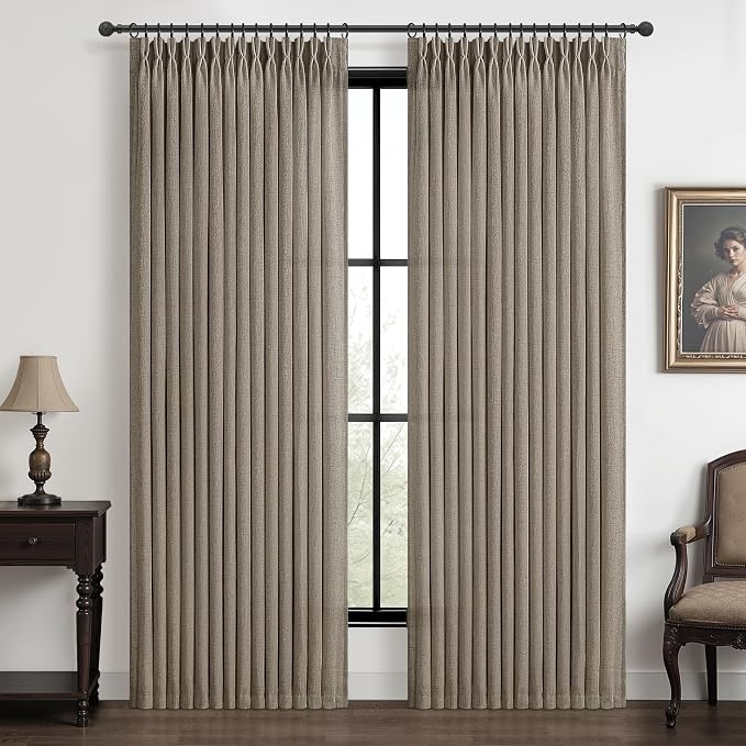 Pinch Pleated Light Filtering 70 Inch Extra Wide Curtains 108 Inches Long for Bedroom, Dark Brown Memory Shape Privacy Semi Sheer Thick Linen Farmhouse Ceiling Windows Curtain 9 FT Length 2 Panels Set